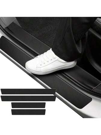 4pcs/Set Thick Car Door Sill Protector Stickers, Carbon Fiber Leather Car Door Sill Scuff Plate Scratch-Resistant Decals