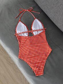 PEPPERMOLLY 2026 Spring/Summer New Vintage Red Plaid Lace-Up One-Piece Swimsuit - Ruched Bust Design, Sexy Fitted, Suitable For Beach And Pool Wear - Red - View 8
