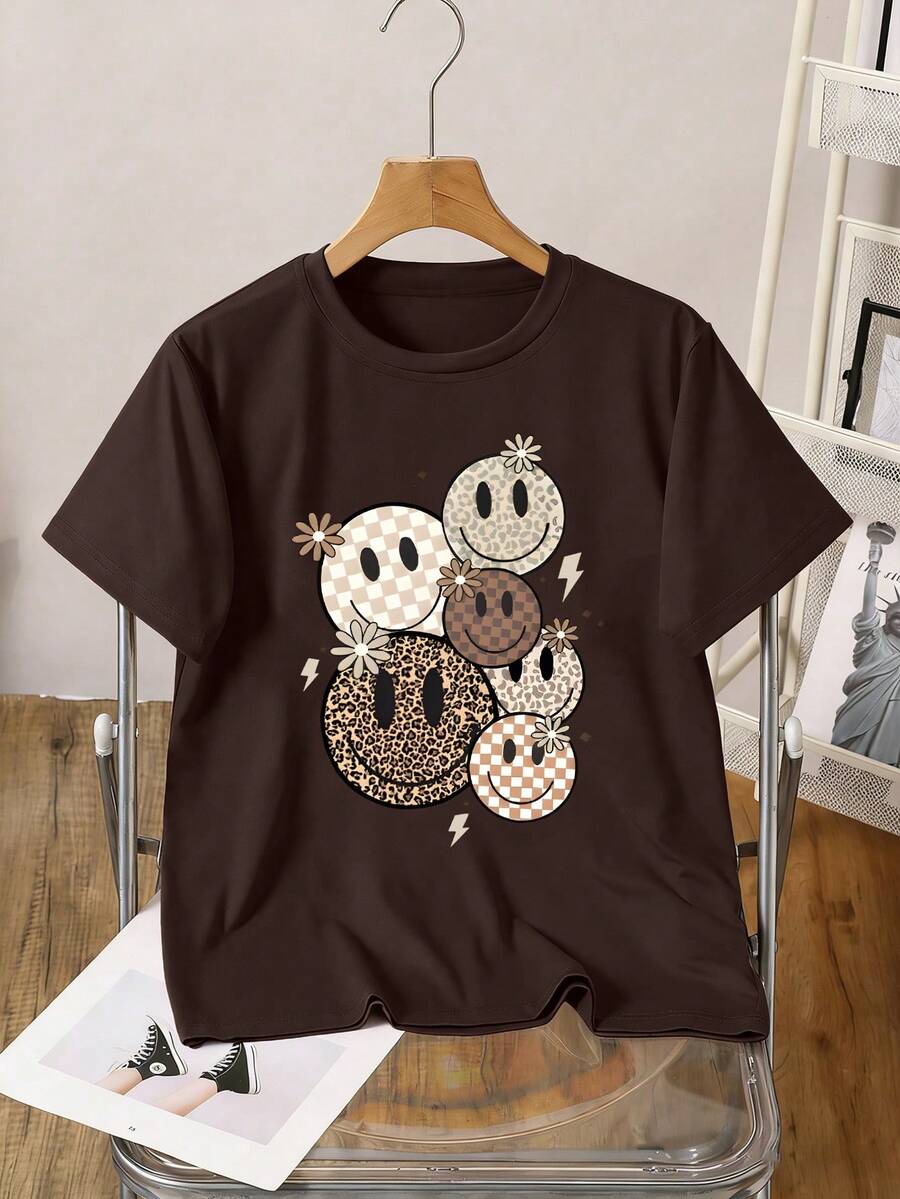 女童短袖T恤，印有笑脸图案，休闲时尚童装，女童服装 - 棕色 - 查看 1