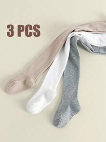 3件套婴幼儿打底裤套装，条纹和纯色紧身裤，女童修身裤，儿童简约修身裤，适合户外穿着，中等厚度 - 彩色 - 查看 9