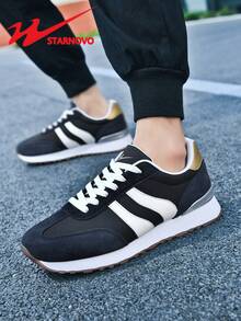 STARNOVO 男士休闲运动鞋，复古系带运动鞋，网球鞋，皮革与针织网布拼接设计，透气舒适，适合夏季度假，休闲鞋，男士运动鞋，春秋季另有全皮款可选 - 藏蓝色 - 查看 6