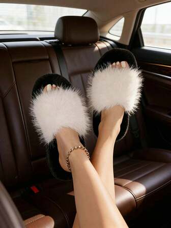 Pantuflas de suela gruesa y esponjosa para mujer, con punta redonda y una correa, versátiles para usar dentro y fuera, con deslizamiento grueso y peludo