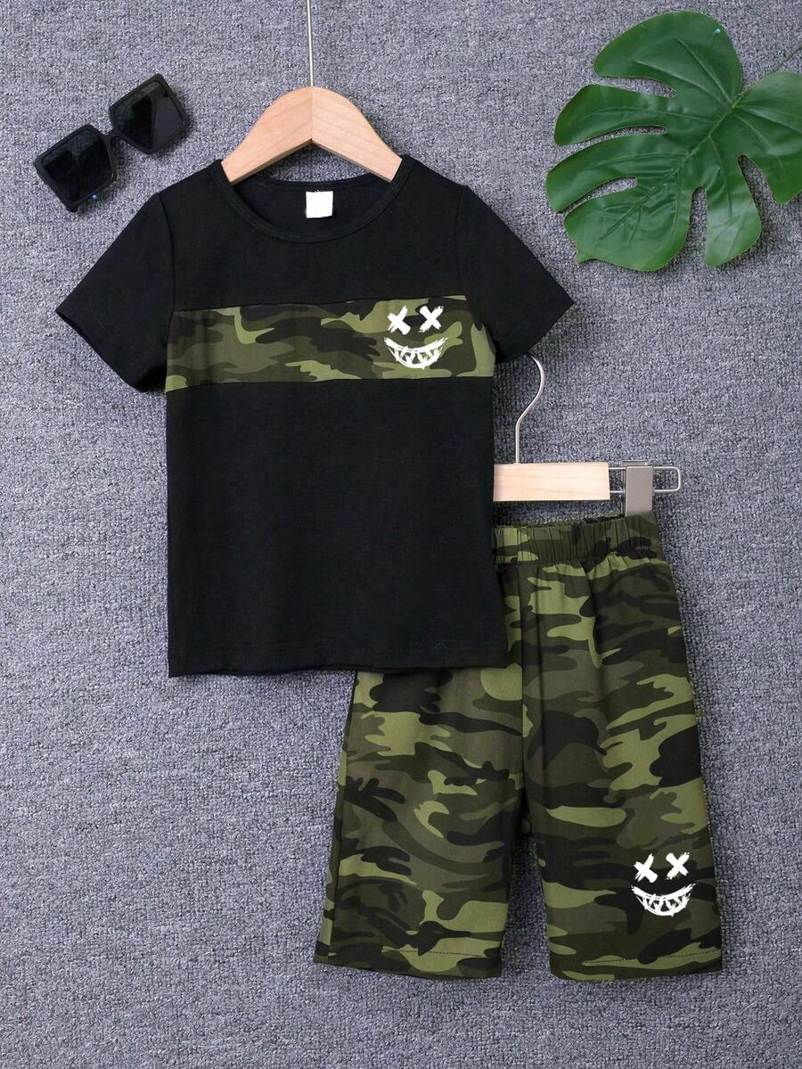 男童迷彩拼接卡通印花短袖T恤和抽绳短裤休闲套装 - 軍綠色 - 查看 1