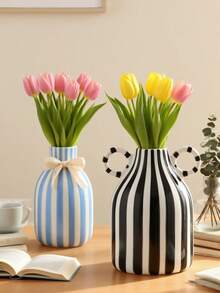 1pc Hand-Painted Striped Ceramic Vase - Farmhouse Style Tabletop Decor, Suitable For Home, Events, Weddings, Kitchens, Offices, Gardens, Birthdays, Anniversaries, Back To School Room Decor, Stationery, Vase, Ceramic Vase - Multicolor - View 6