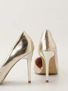 时尚简约性感细高跟超高跟侧镂空黑色女式高跟鞋 - 金色 - 查看 3