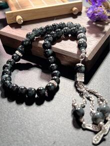 1 szt. Nowy muzułmański różaniec z 33 koralikami, wysokiej jakości tasbih z naturalnego kamienia, trwałe metalowe akcesoria w stylu vintage, islamskie codzienne koraliki do modlitwy, akcesorium religijne - Wielokolorowe - Zobacz 3