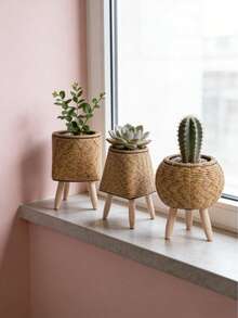 1pc Minimalist Flower Stand, Wooden Floor-Standing Planter Rack For Living Room, Balcony, Rattan Decor, Lightweight Luxury Flower Pot Holder - Multicolor - View 6