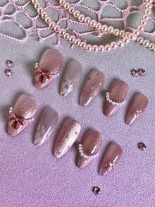 10片/套 女士按压式美甲贴片，杏仁形美甲贴片，新年美甲贴片，柔粉色猫眼珍珠猫爪蝴蝶结手工设计，全覆盖亚克力亮面可重复使用假指甲套装，包含指甲胶水和指甲锉，新年、情人节、约会、日常佩戴礼物 - 彩色 - 查看 2