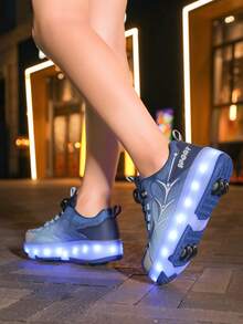 Kids' 4-Wheel Roller Skate Shoes, Children's Breathable Mesh Roller Sneakers, Lightweight Durable Wheels, Fashionable Rotating Button Adjustable LED Light-Up Shoes, USB Rechargeable, Wheels Removable, 2-In-1 Roller Skates & Sneakers