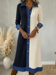 女士休闲优雅拼接牛仔效果长连衣裙，正面带纽扣口袋，适合办公室、日常通勤、春夏秋季穿着。 - 彩色 - 查看 4