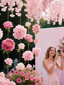 20件套粉色花卉瀑布装饰套装，包含20朵仿真粉色花朵和1卷透明绳，可DIY人造花帘，适用于婚礼、派对、情人节、新娘送礼会、生日房间装饰（粉色花朵随机），也可用作婚礼摄影道具。 - 彩色 - 查看 4