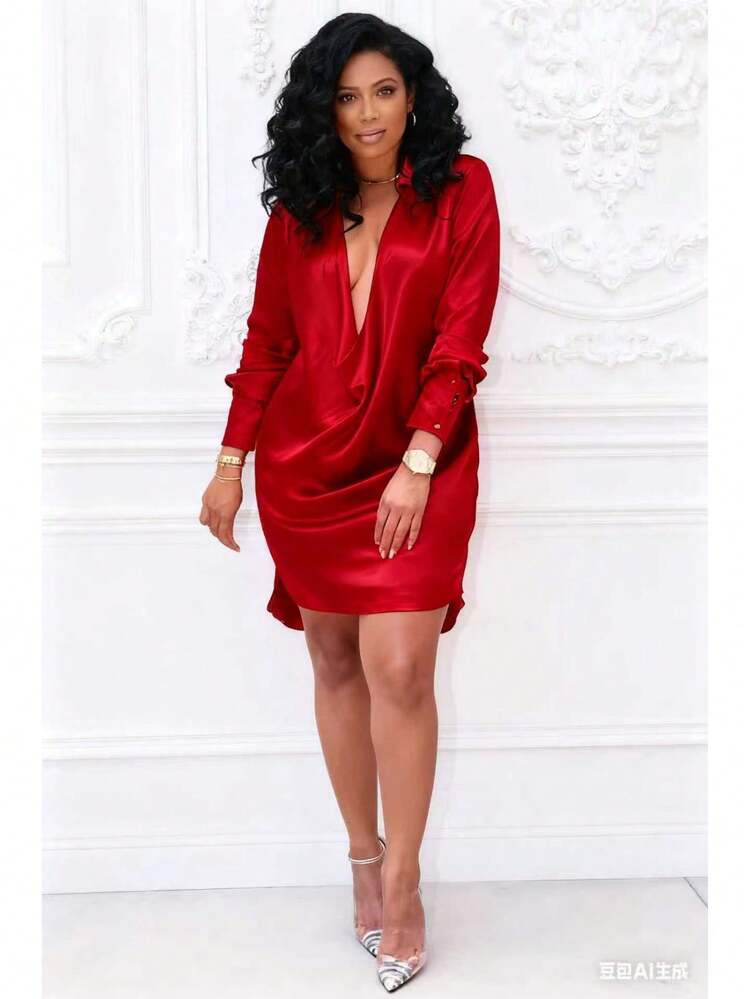 red satin long sleeve dress Iris Maxi / Mahogany | MESHKI Its your best choice for any occasion Maxi Dress Bright Red Formal