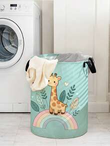 1 pezzo Cesto di stoccaggio pieghevole e rotondo con stampa di animali dei cartoni animati e manico, contenitore di stoccaggio multifunzionale per bagno, camera da letto, lavanderia, giocattoli, articoli per la casa, cesto per biancheria sporca pieghevole