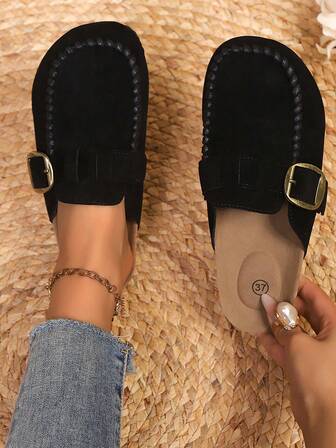 Women's Solid Color Fashion Buckle Slip-On Round Toe Flat Mules, Black Flat Slip-On Slippers For Home, Party, Office, Spring/Autumn