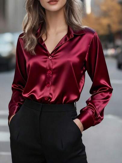 Blusa de satén para mujer, camisa casual con botones y diseño de cuello, elegante para la oficina y uso casual, adecuada para otoño, invierno, primavera y verano