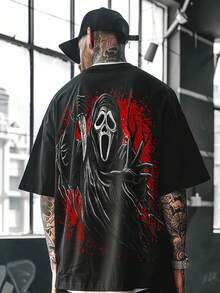 男士哥特朋克风印花T恤，都市街头时尚，短袖上衣 - 黑色 - 查看 1