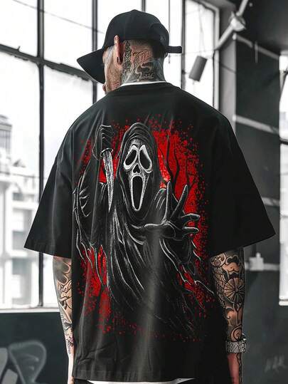 男士哥特朋克风印花T恤，都市街头时尚，短袖上衣