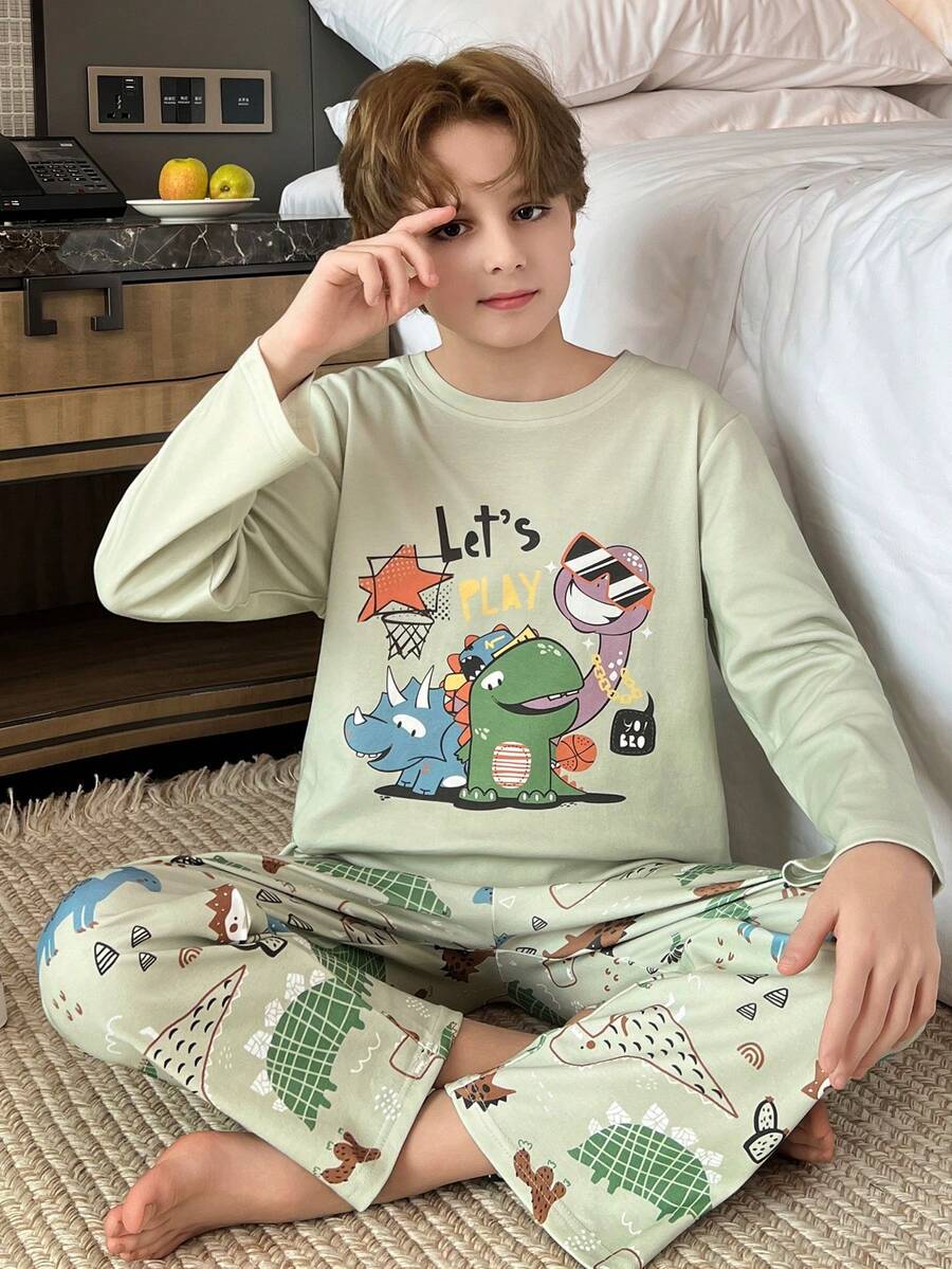 2pcs/Set Autumn Cartoon Dinosaur Print Pajamas For Boys, Round Neck Skin-Friendly Comfortable Long Sleeve Long Pants Set For Big Kids - Green - View 1