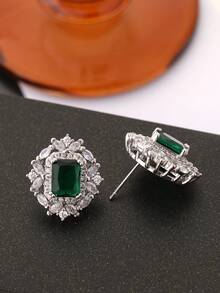 1 Pair Luxury Cubic Zirconia Stud Earrings, Green Earrings, Elegant Earrings Suitable For Women's Wedding, Party, Engagement Anniversary, Valentine's Day Gift, Throat, Suitable For Women. Valentine's Day Gift, Christmas Gift, Ramadan Distribution, Ramadan Dishes, Eid Al-Fitr Gift, Eid Al-Fitr Giveaway - Rectangular Green Earrings - View 4