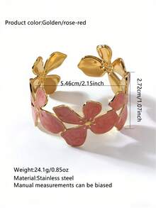 VceTd 1 pieza Brazalete de mujer con diseño floral 3D asimétrico minimalista, brazalete abierto de acero inoxidable con esmalte multicolor, adecuado para uso diario, fiestas, galas, bodas, regalo del Día de San Valentín - Amarillo Oro - Ver 15