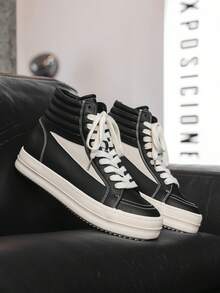 男女通用鞋，适合男士，羊皮和PU皮革高帮休闲运动鞋，橡胶鞋底，防滑，舒适，百搭 - 黑色 - 查看 2