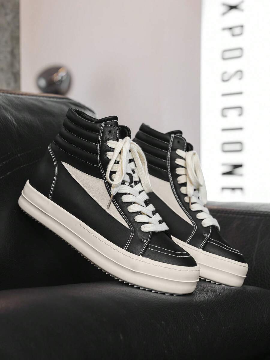 男女通用鞋，适合男士，羊皮和PU皮革高帮休闲运动鞋，橡胶鞋底，防滑，舒适，百搭