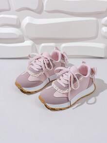 1 Pair Toddler Boys' Color Block PU Hook And Loop Bow Design Flat Casual Cute Sports Shoes, Suitable For Spring And Autumn - Pink - View 5