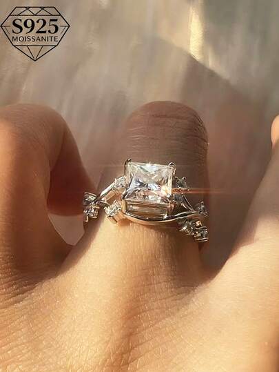 1pc 2 Carat Princess Cut Moissanite Ring, Hypoallergenic S925 Silver Ring, Cluster Setting Intricate Band, Bohemian Style Engagement/Wedding/Anniversary Gift, Jewelry Essential For New Year, Christmas, Formal Events, Comes With Gift Box