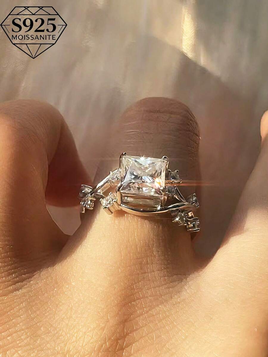 1 chiếc nhẫn Moissanite cắt kiểu công chúa 2 carat, nhẫn bạc S925 không gây dị ứng, nhẫn đính hôn/đám cưới/kỷ niệm phong cách Bohemian, trang sức thiết yếu cho năm mới, Giáng sinh, sự kiện trang trọng, kèm hộp quà tặng