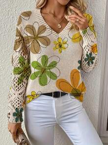 Printed Sweater: Elegant Bohemian Floral V-Neck Long-Sleeve Pullover. The Entire Piece Is Printed, A Women's Knitted Sweater, Suitable For Spring And Summer, And A Four-Season Style Essential For Home Wear And Travel. Available In 5 Colors. - màu xanh lá - Xem 2