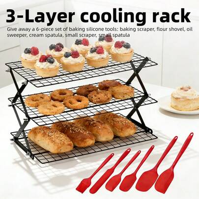 Baking Cooling Rack ,3-Layer Folding Cooling Rack, Cake Tools, Give Away A 6-Piece Set Of Baking Silicone Tools: Baking Scraper, Flour Shovel, Oil Sweeper, Cream Spatula, Small Scraper, Small Spatula,Baking Accessories, Biscuit And Cake Drying Rack, Suitable For Kitchen, Outdoor Cooking Must-Have Women's Gifts.