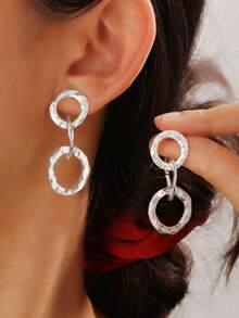 1 Pair Geometric Crinkle Metal Circular Stud Earrings, Minimalist Chic Earrings For Women - Silver - View 1