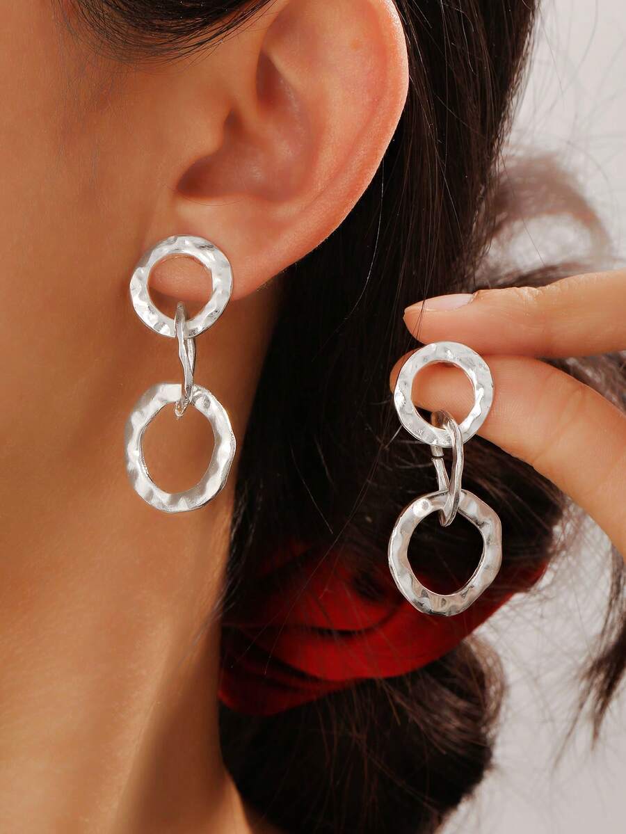 1 Pair Geometric Crinkle Metal Circular Stud Earrings, Minimalist Chic Earrings For Women - Silver - View 1