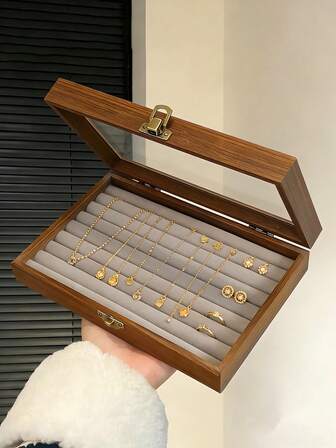 1 pieza Caja de joyería de madera grande con tapa transparente, estuche de exhibición de joyas con cerradura, organizador de joyas con múltiples compartimentos, caja de almacenamiento para collares, aretes, pulseras y anillos, contenedor de colección de joyas de lujo