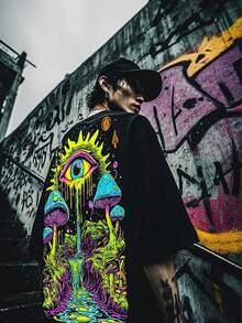Camiseta gráfica de estilo gótico punk para hombres, top de manga corta de moda callejera urbana - Negro - Ver 2