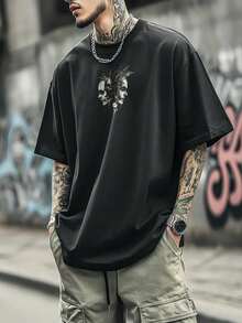 男士哥特朋克风印花T恤，前卫都市街头风短袖上衣 - 黑色 - 查看 3