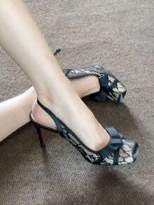 Black Lace High Heel Shoes, Sexy Bowknot Strap Sandals For Women - Black - View 3