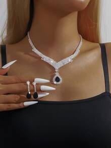女士水滴形和方形水钻项链耳环套装 - 银色派对婚礼首饰 - 8056 - 查看 14