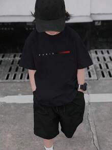 Camiseta de cuello redondo de manga corta con estampado blanco informal para niño preadolescente en verano - Negro - Ver 8