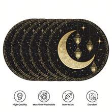 Set 1/2/4/6/8/300 buc, șervețele rotunde de lux, fundal negru cu modele de lună și felinare de Ramadan, dimensiuni 15*15 inch/38*38 cm. Mai multe modele disponibile, fiecare perfect potrivit pentru cinele de Ramadan și decorul casei. Fabricate din material 100% poliester, lavabile la mașină, o alegere ideală pentru decorarea casei. - Multicolor - Vizualizare 1