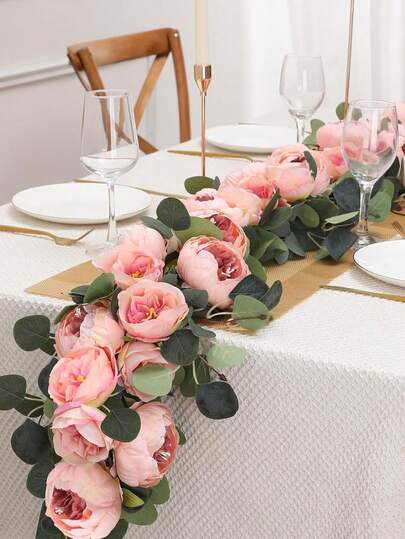 2pcs 11.2ft Artificial Eucalyptus Wreath With 18 Pcs Peony Vines, Fake Flower Wreath For Wedding Arch, Dining Table, Wall Decor, Valentine's Day (Vintage Pink)