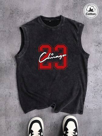 Heren tanktop met "23" graphic print, licht elastisch, gewassen zwart vest met ronde hals, casual voor dagelijks gebruik, zomer
