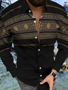 经典复古数码印花休闲男士长袖衬衫 - 黑色 - 查看 1