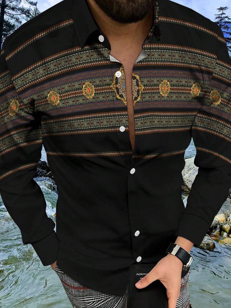 经典复古数码印花休闲男士长袖衬衫 - 黑色 - 查看 1