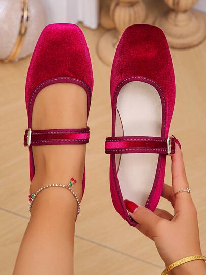 Plus Size EU 35-43 Vintage Mary Jane Shoes, New Spring/Autumn Fashion Wine Strap Buckle Low Vamp Square Toe Flat Shoes, Comfortable Soft Bottom Ladies Ballet Shoes For Daily, Work, Driving, Vacation