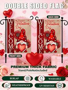 1 pieza Bandera de jardín del Día de San Valentín, bandera de bienvenida de poliéster de doble cara, diseño de gnomo con corazón, decoración exterior de arpillera impermeable, 12x18 pulgadas, con uso multipropósito para el hogar, el porche, el patio - Multicolor - Ver 3