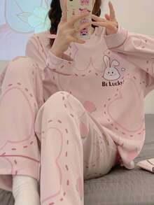 2pcs Women Pajama Set, T-Shirt With Cute Rabbit & Peach Print, Pants With Cute Rabbit & Peach Print, Long Sleeve, Round Neck, Comfortable Sleepwear Suitable For Spring, Summer, Autumn, Winter, Can Be Worn Outdoors, New Design - Pink - View 10