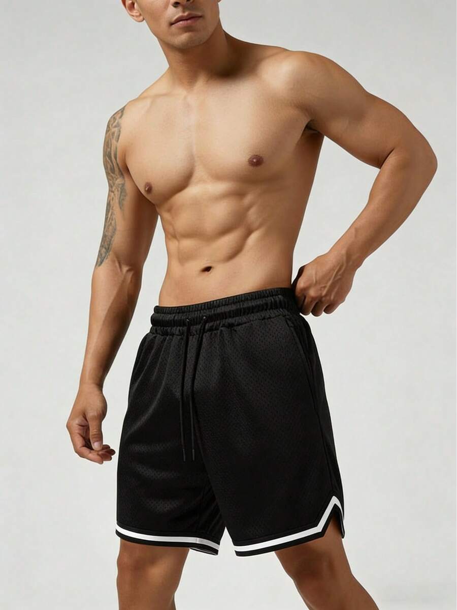 Men's Mesh Fitness Shorts With Elastic Waistband And Adjustable Drawstring - Black - View 1