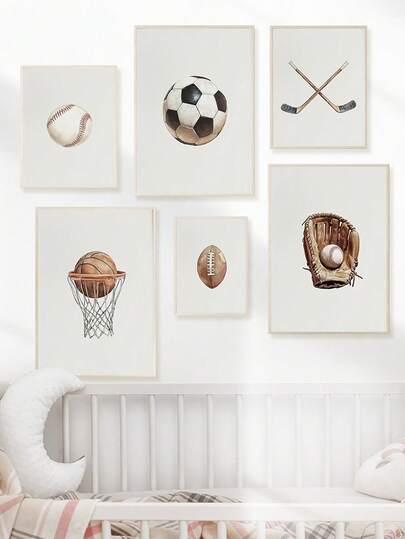 1pc Canvas Wall Art_Sports Theme Print_Retro Style Sports Illustration_Baseball, Football, Hockey, Basketball, Soccer _ Boys' Room Decor _ Nursery Supplies Framed Nursery Wall Art Perfect For Kids' Room Decor, Playroom Decor Kids' Room Decor Nursery Decor, Playroom Decor, Preschool Decor, Girls' Bedroom Girls' Room Decor Kids' Room Decor Boys' Bedroom Boys' Room Decor Girls' Bedroom Decor