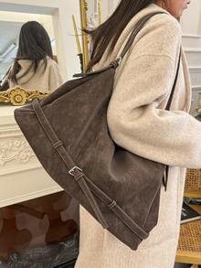 Large Size Shoulder Tote Bags For Women PU Suede Solid Color Big Capacity Shopping Hobo Bag Handbags Luxury Tote Handbag Cross Body Tote Bag For Work, Shopping, Dating, Travel, College Students, Women's Bag, Daily Use - 咖色 - 查看 6